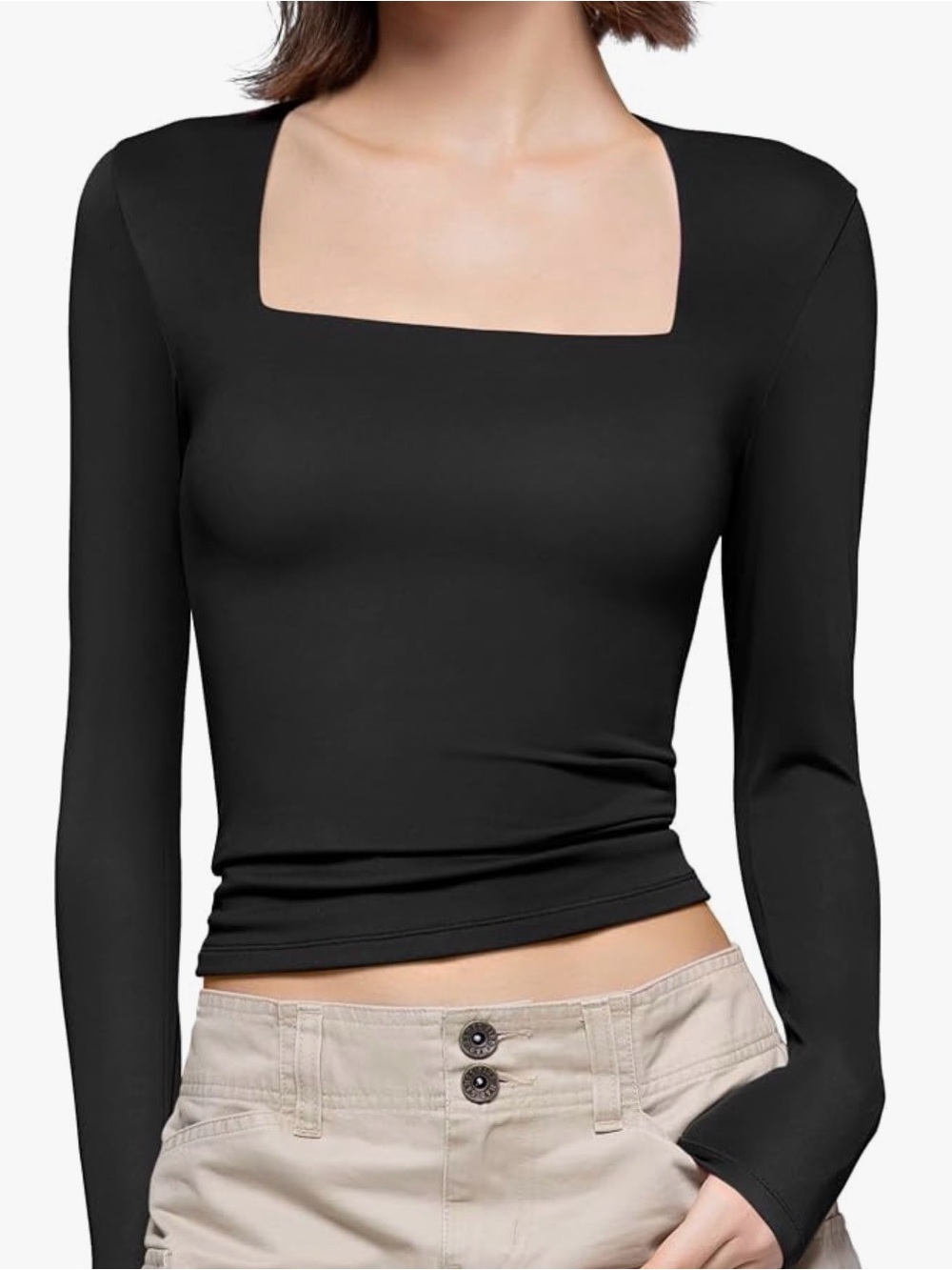Women's Black Square Neck Long Sleeve Top